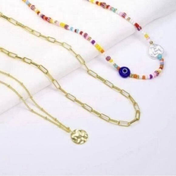 Evil Eye Chain Paperclip Necklace Set 3 Piece - Picture 3 of 6